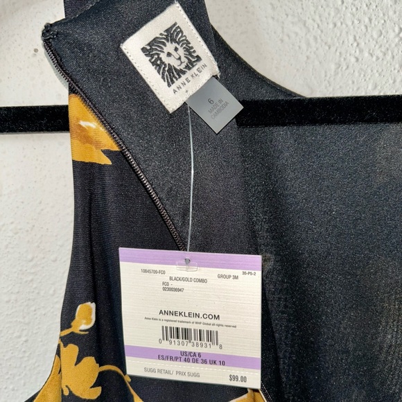 NWT Anne Klein black/mustard yellow floral tie waist sleeveless midi dress sz 6 - Picture 9 of 10